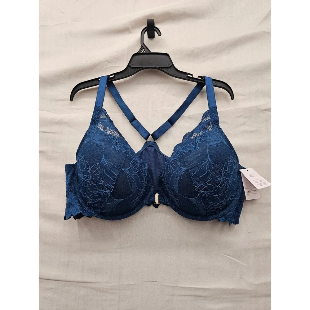 Auden Womens Lace Front Close Push Up Plunge Bra Blue Nylon Blend Size 44D